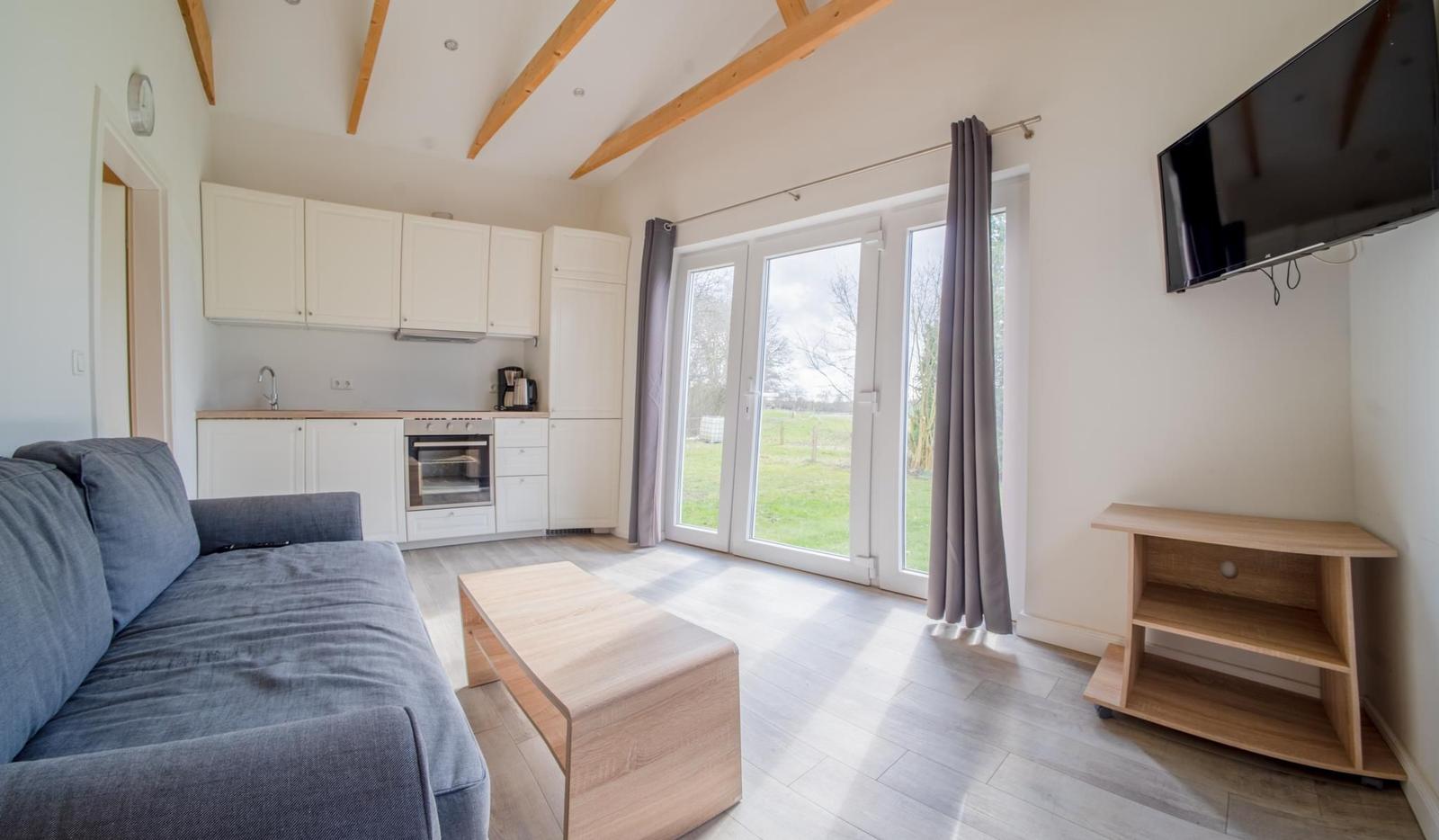 Wohnküche mit Sofa, TV und Blick auf Grünfläche