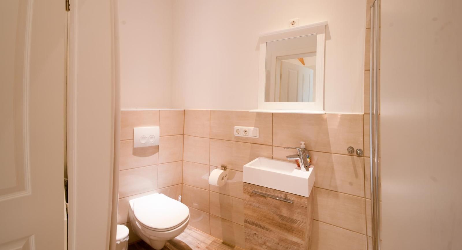 Badezimmer mit Toilette, Waschbecken und Dusche.