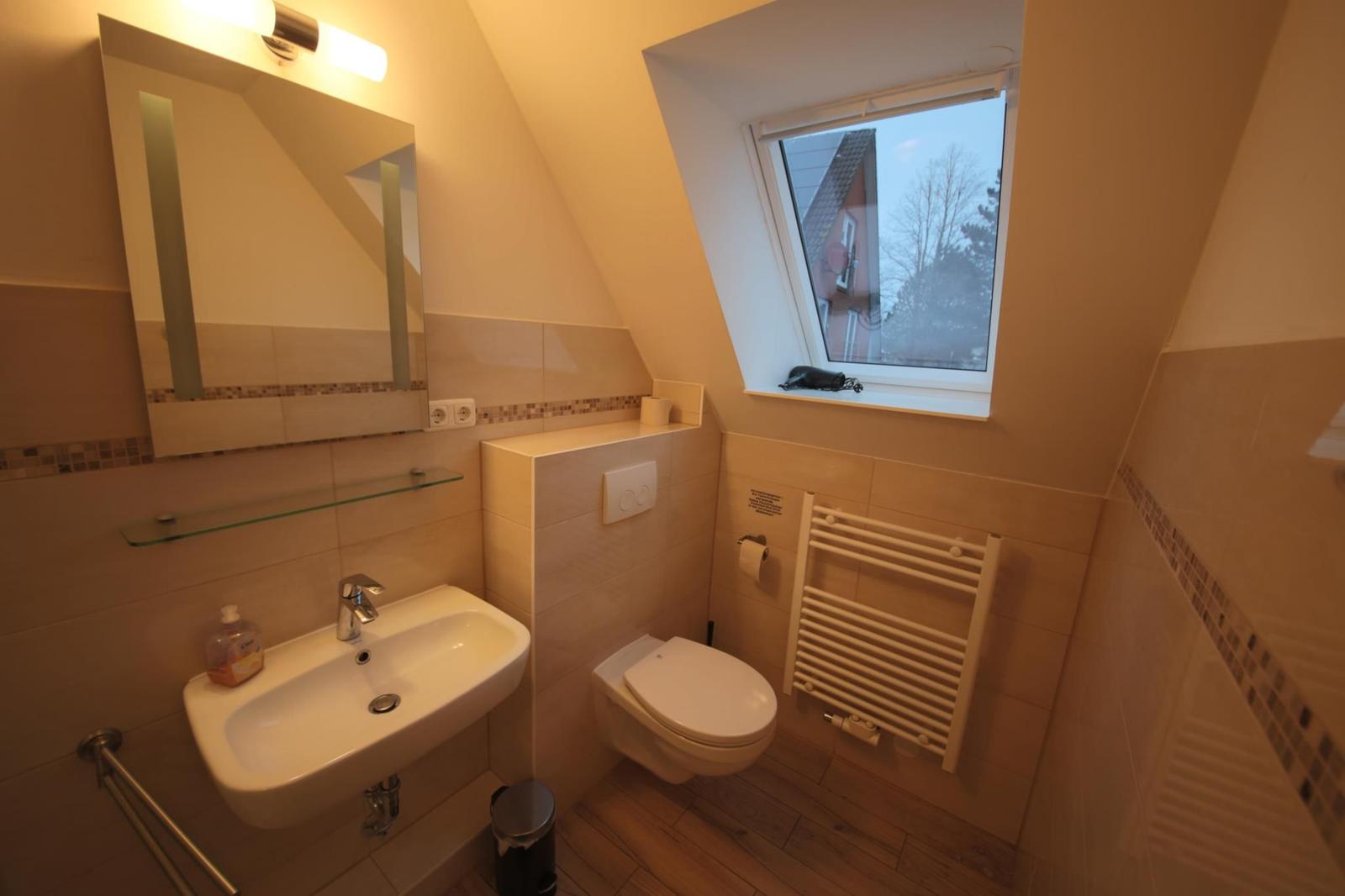Badezimmer mit Waschbecken, Spiegel, Toilette und Dachfenster.