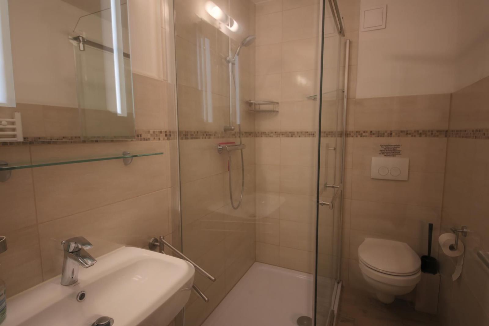 Badezimmer mit Dusche, Waschbecken und WC.