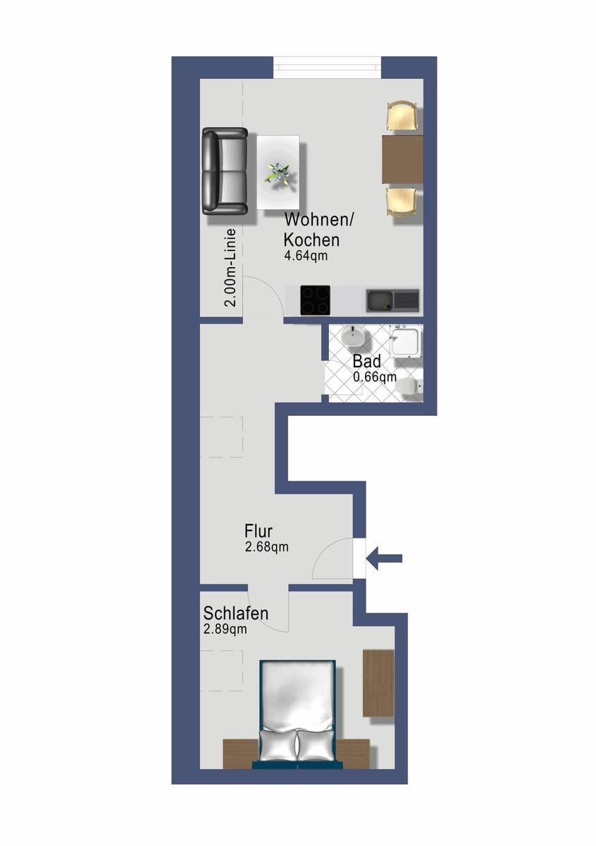Wohnung mit Wohn-/Küchenbereich, Bad, Flur und Schlafzimmer.