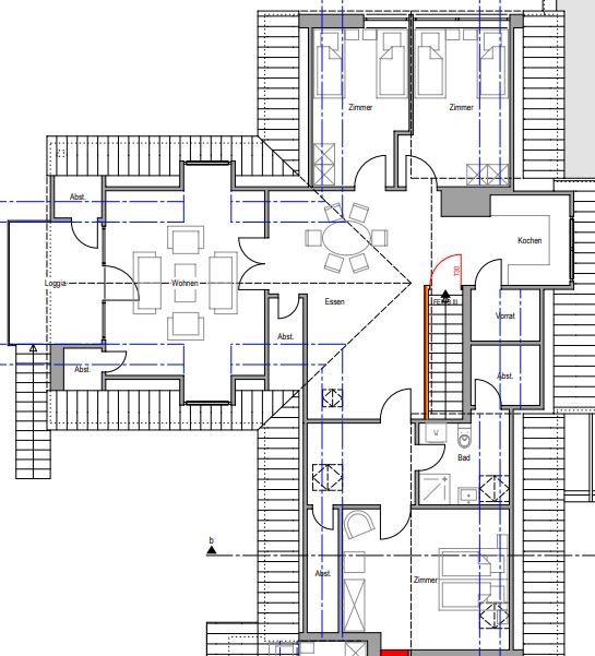 Plan zeigt Wohn- und Essbereich, Küche, zwei Schlafzimmer, Bad und Loggia.