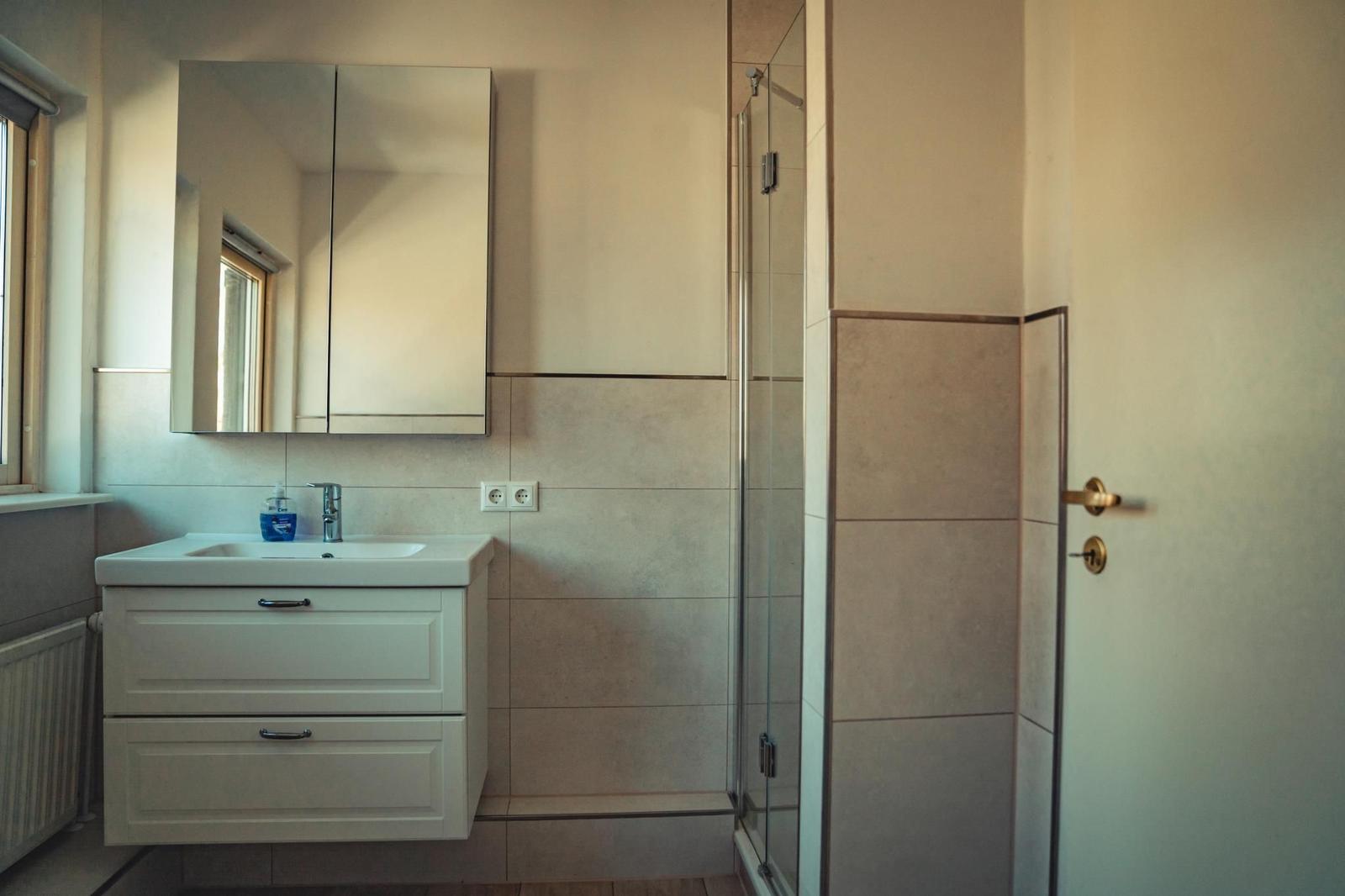 Badezimmer mit Waschbecken, Spiegelschrank und Duschkabine.