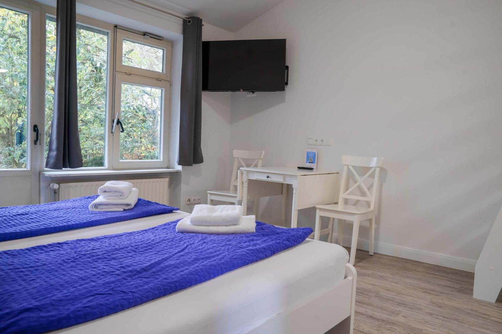 Zimmer mit Doppelbett, Schreibtisch, TV und Fenster mit Blick auf Grün.