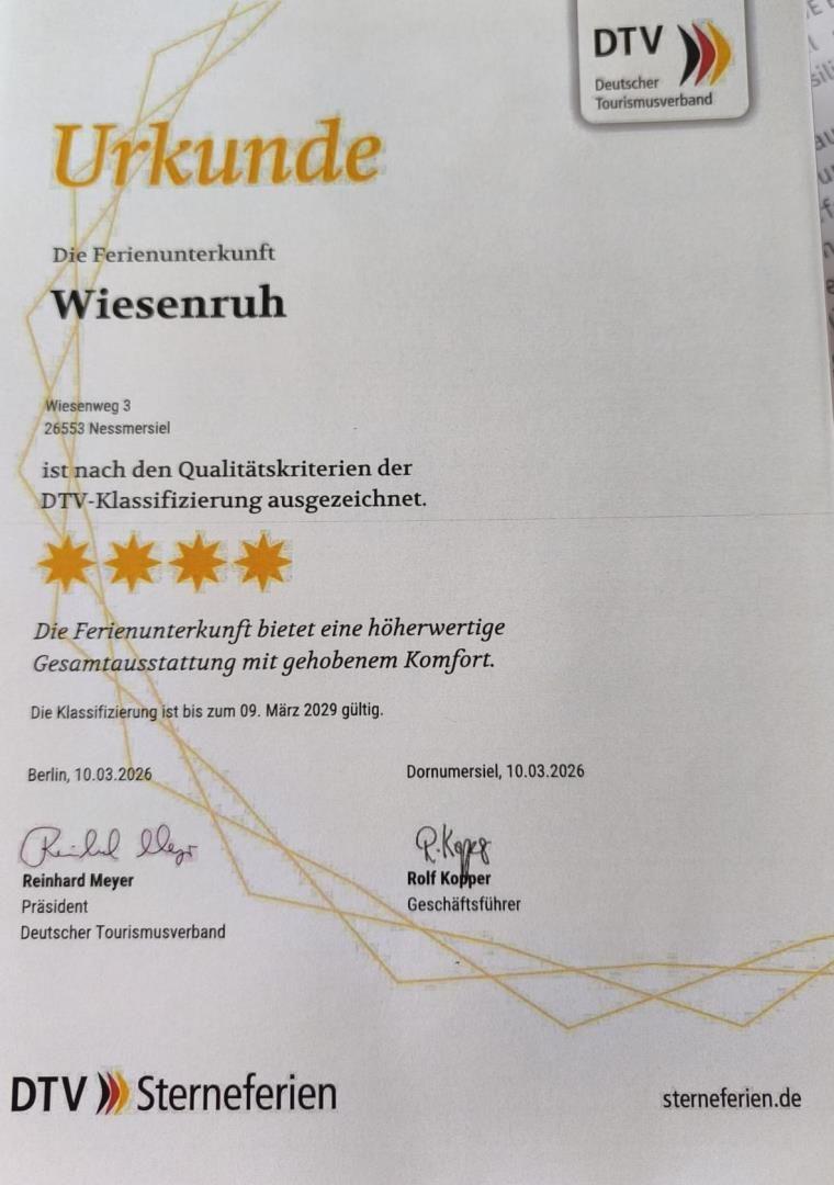 Die Ferienunterkunft Wiesenruh ist DTV-fünfsterne-gelistet und bietet erhöhten Komfort.