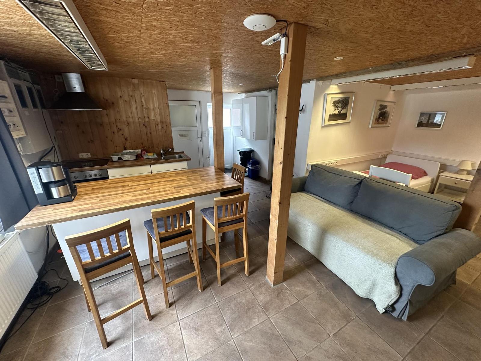Küche mit Essbereich und Wohnbereich mit Sofa und Bett.