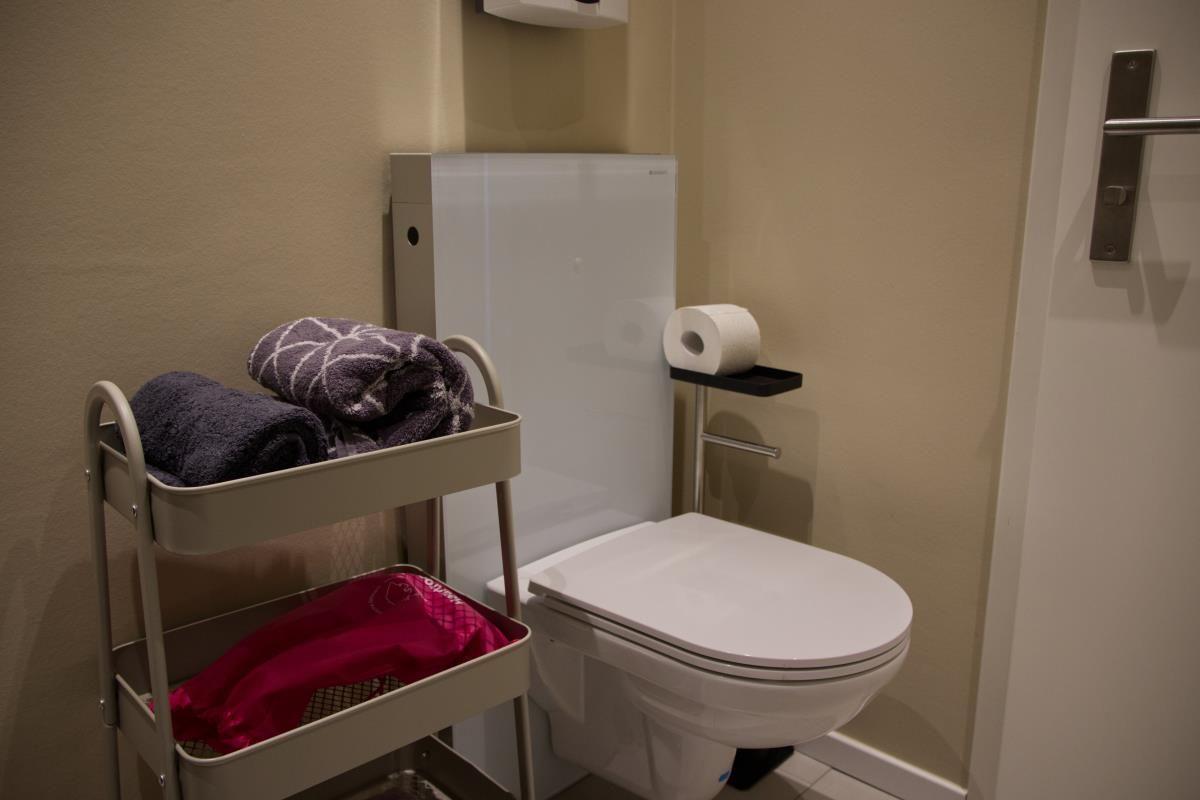 Toilette mit Handtuchwagen und Toilettenpapier