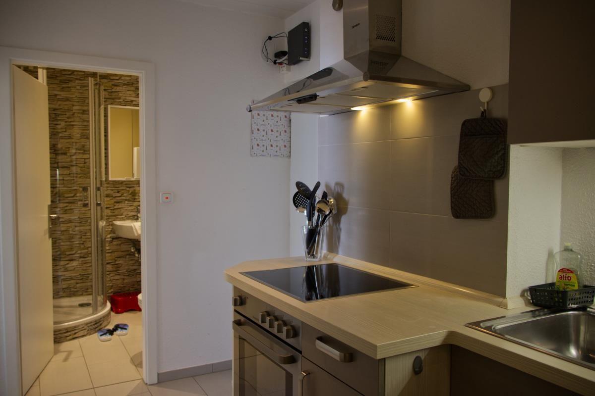 Küche mit Induktionskochfeld und Dunstabzug. Im Hintergrund Badezimmer mit Dusche.