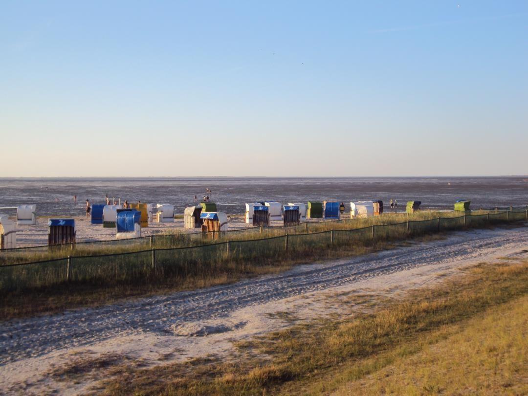 Beach with colorful beach chairs and sandy path in the foreground.