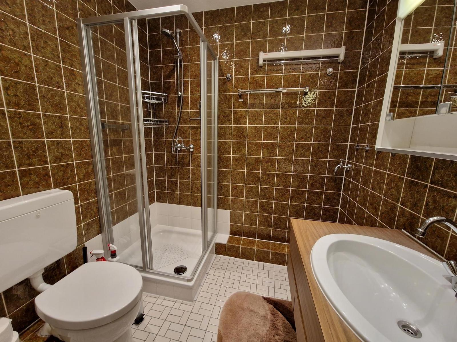 Badezimmer mit Dusche, Waschbecken und Toilette. Fliesenwand und Bodenfliesen.
