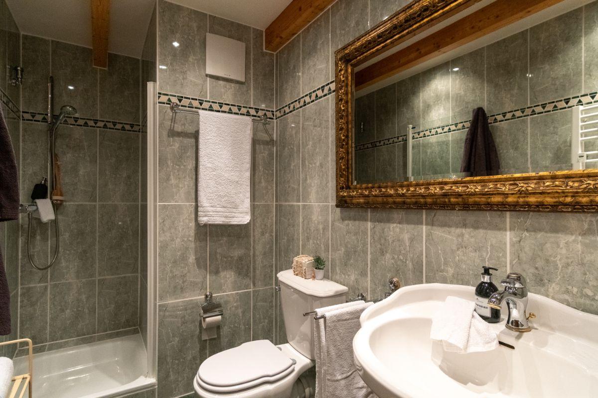Badezimmer mit Dusche, Toilette und Waschbecken. Graue Fliesen und goldener Spiegelrahmen.