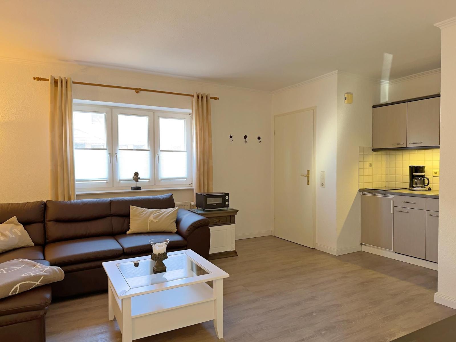 Wohnbereich mit Sofa, Couchtisch und Küchenzeile. Fenster mit Vorhängen und Holzboden.