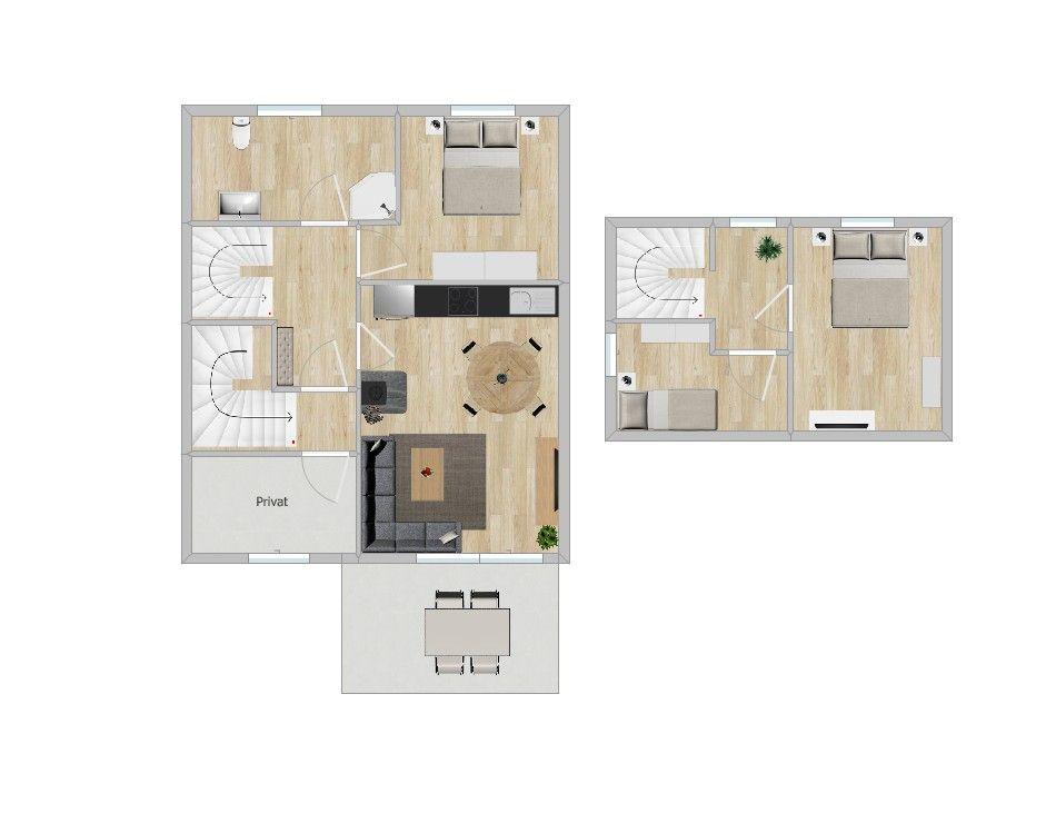 Two levels with living area, bedrooms, and kitchen. Private area available.