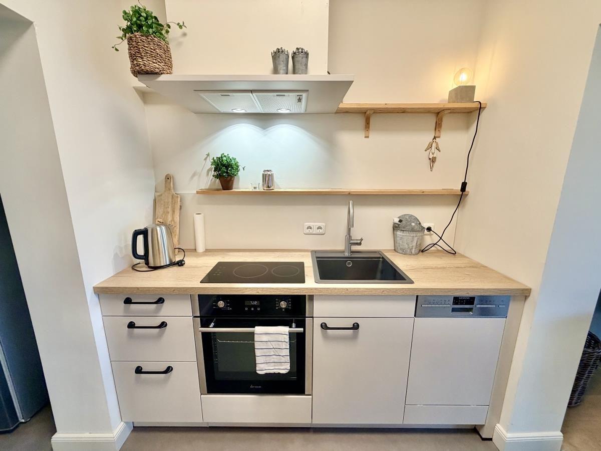 Küche mit Arbeitsplatte, Spüle, Herd und Backofen. Holzregale und Pflanzen.