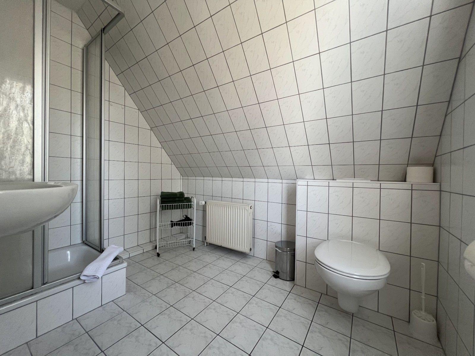Badezimmer mit Dusche, Toilette und Heizkörper unter schräger Decke.