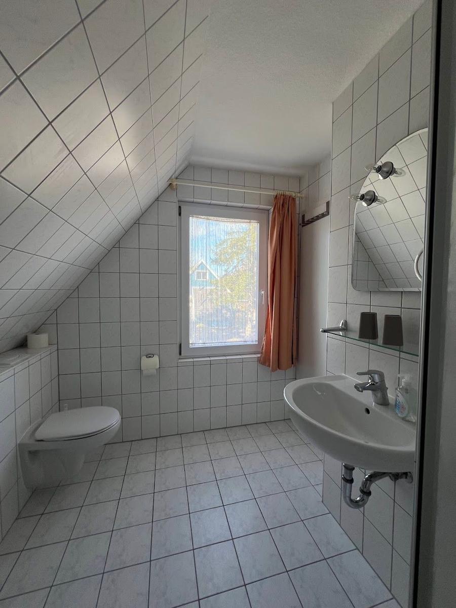 Badezimmer mit Toilette, Waschbecken und Fenster mit Vorhang.