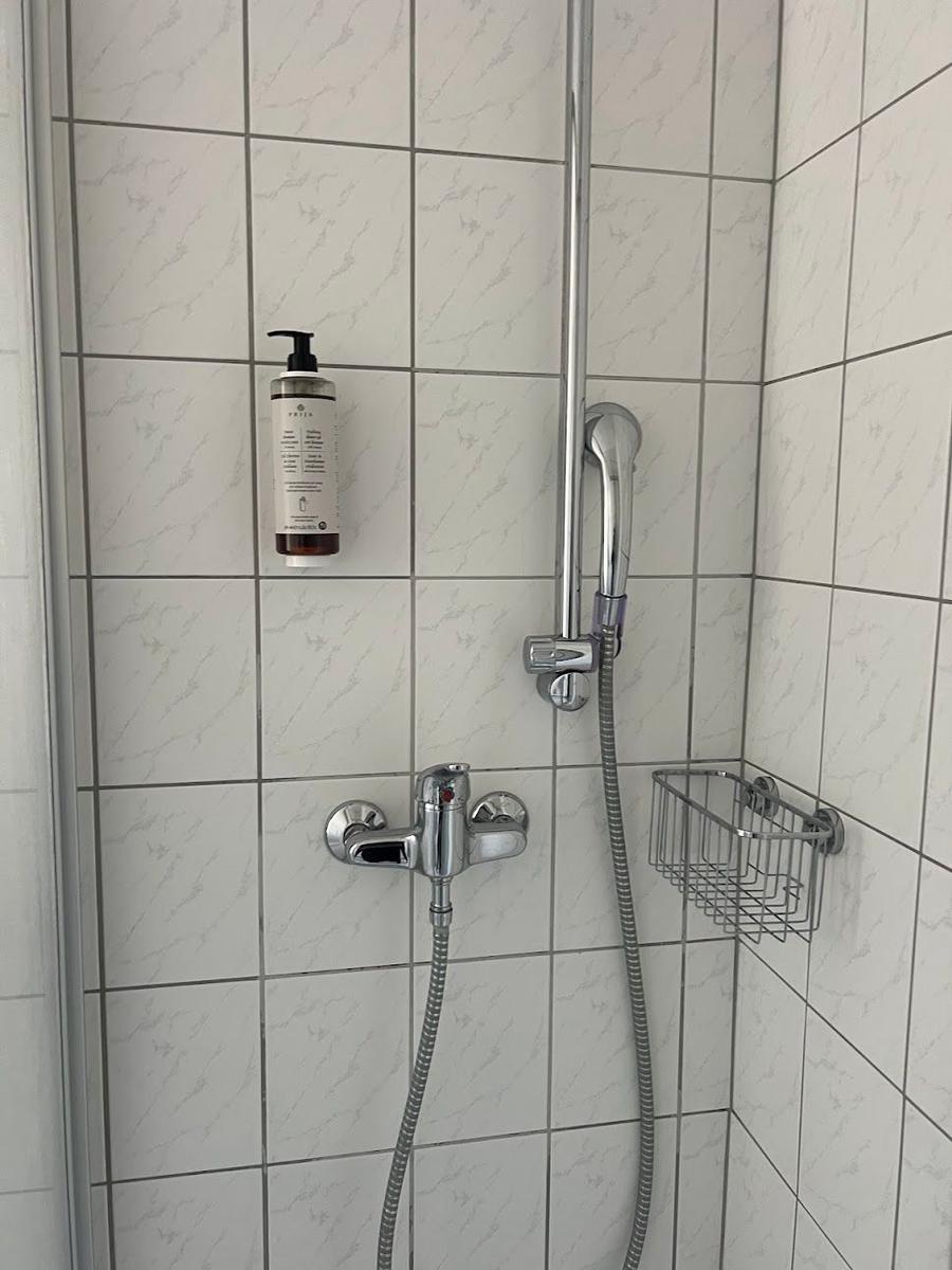 Dusche mit Duschbrause, Duschgel und Ablagekorb an Wand mit Fliesen.