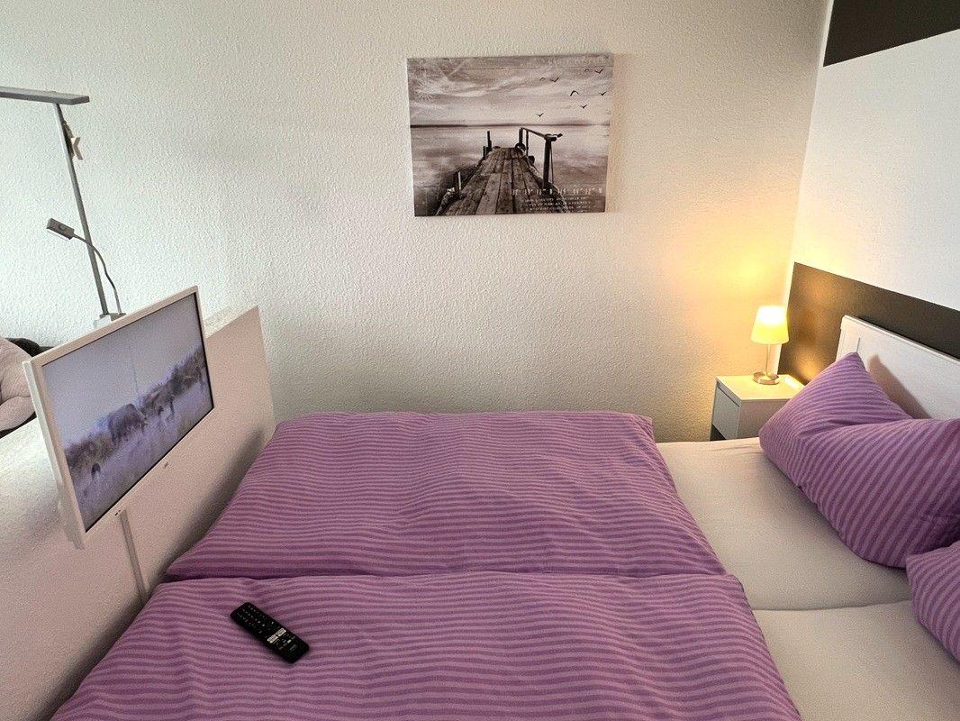 Bedroom with bed, TV, and wall picture
