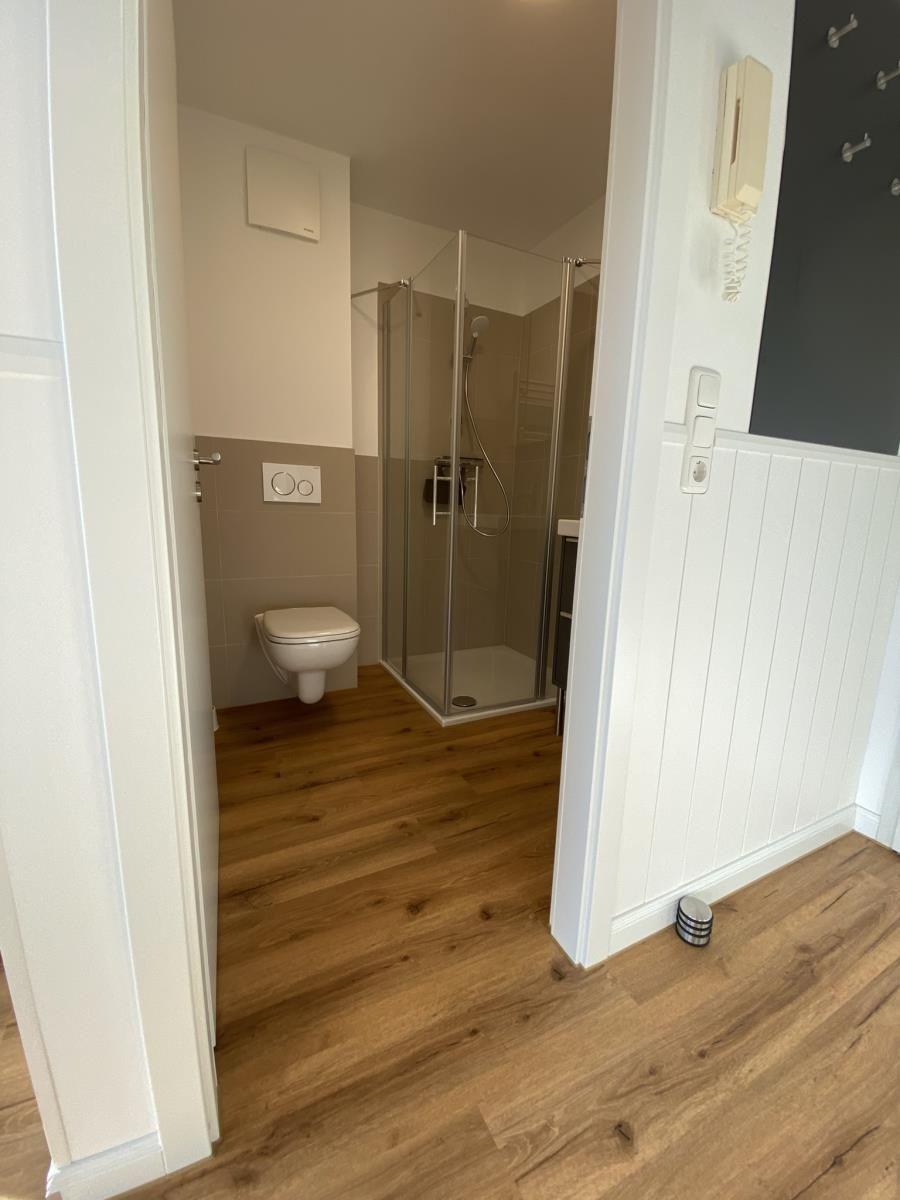 Badezimmer mit Dusche, WC und Holzboden