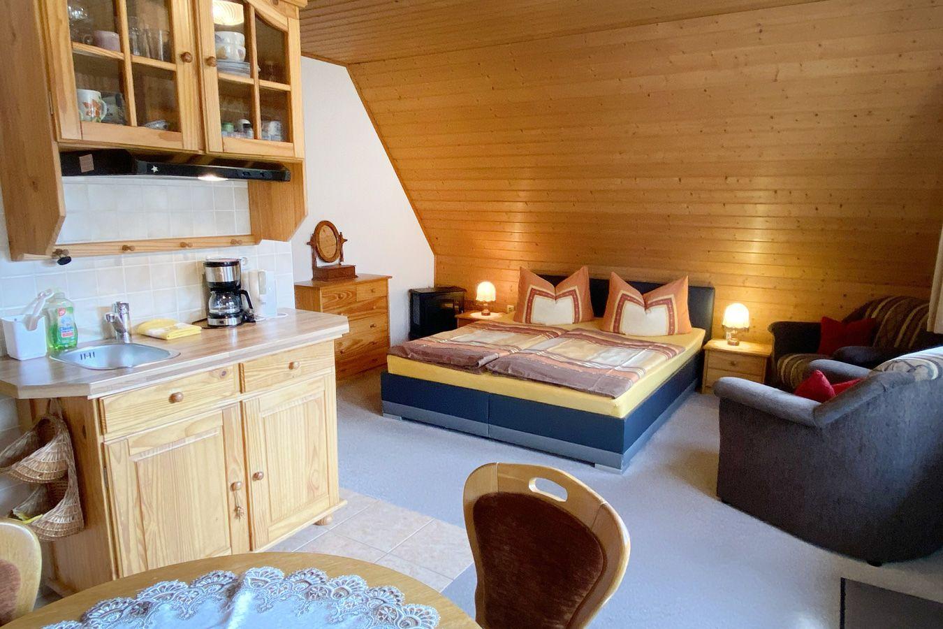 Bedroom with bed, sofa, kitchenette, and wooden wall.