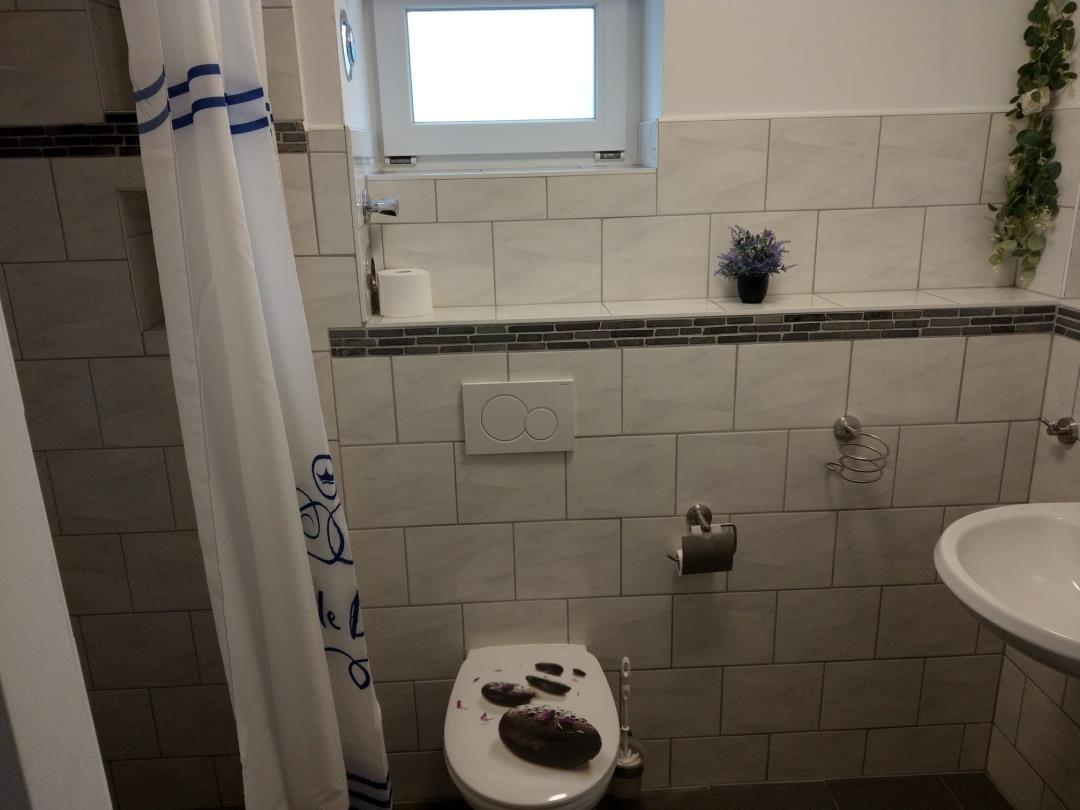 Badezimmer mit Toilette, Waschbecken und Dusche. Wandfliesen und Fenster sichtbar.