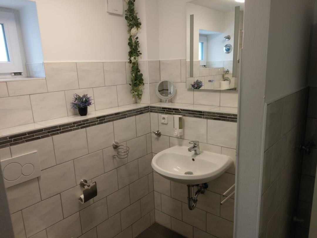 Badezimmer mit Waschbecken, Spiegel und Toilette. Wandfliesen und kleine Pflanzen.