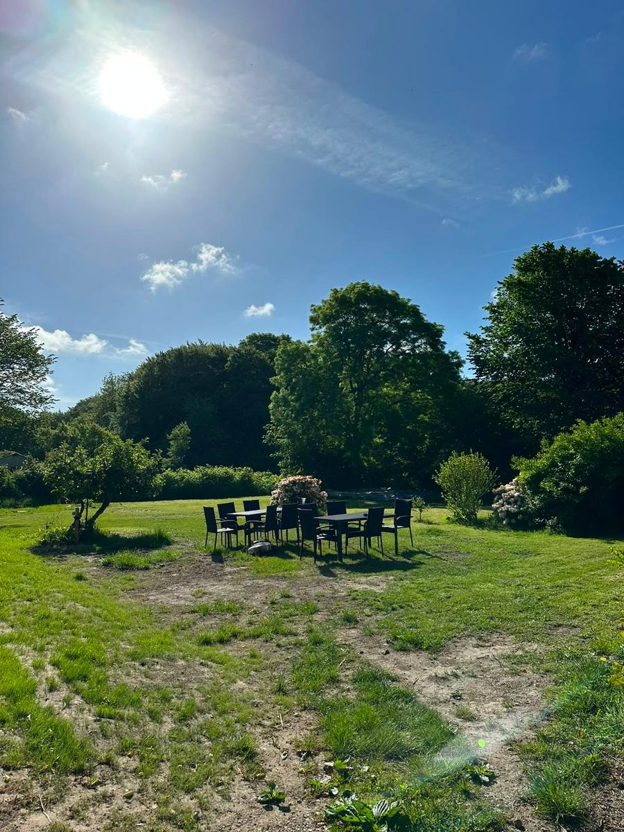 Großer Garten mit Tisch und Stühlen unter blauem Himmel mit Sonne.