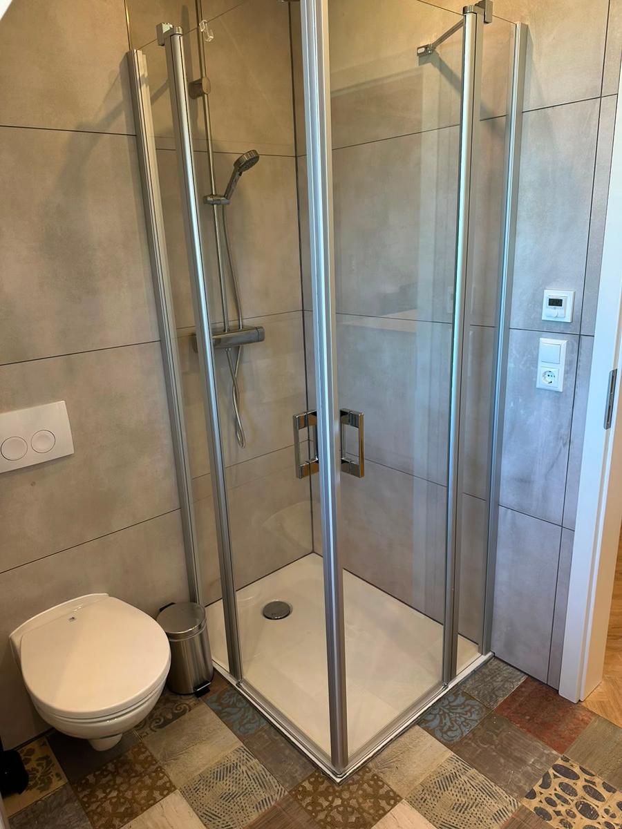 Duschkabine mit Duschbrause, Toilette und Mosaikfußboden.
