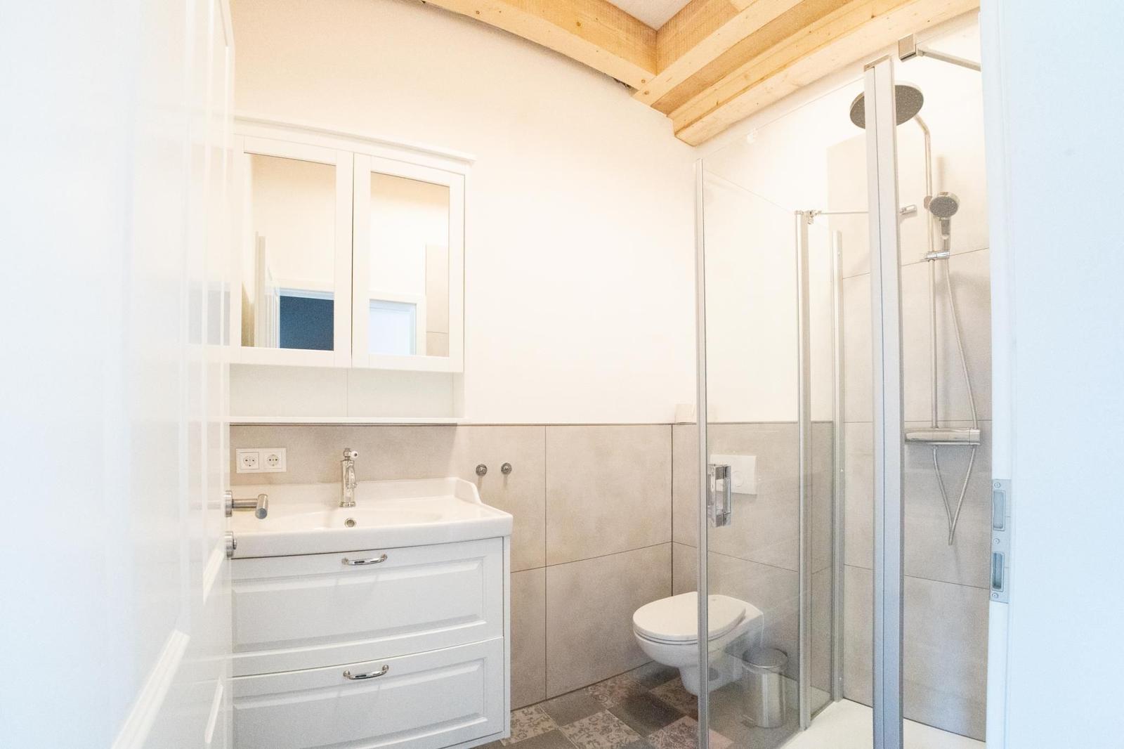 Badezimmer mit Dusche, Waschbecken und Toilette unter Holzbalkendecke.