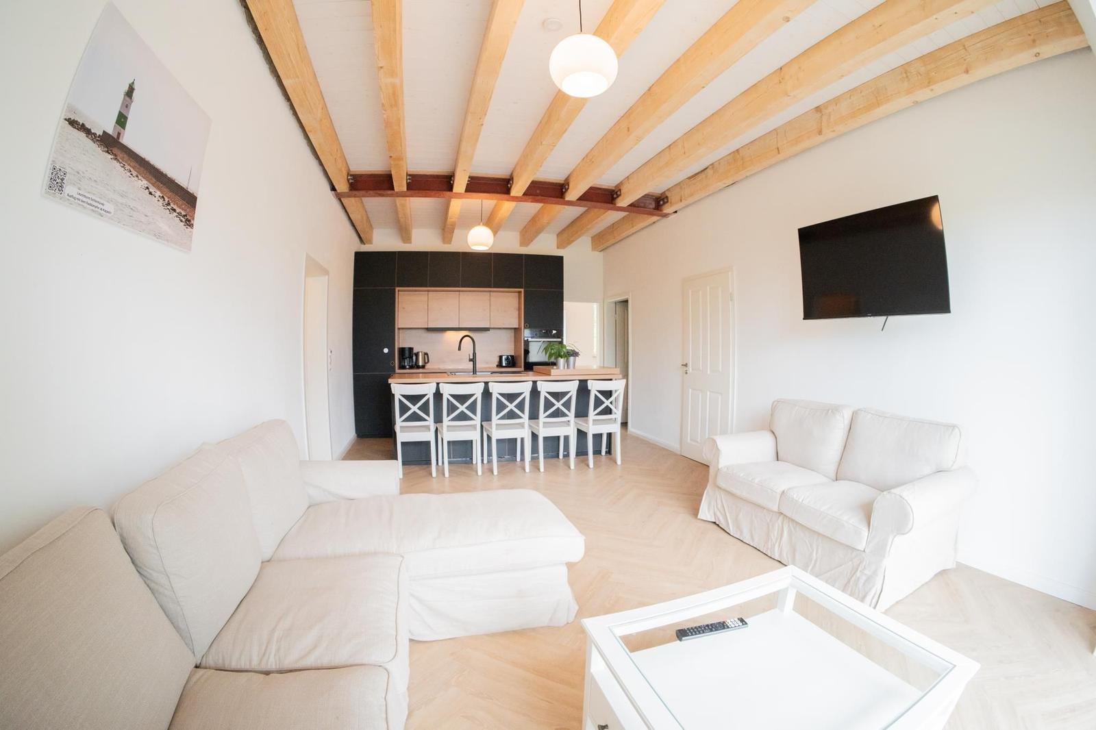 Wohnbereich mit Sofa, Küchenzeile und Fernseher an der Wand.