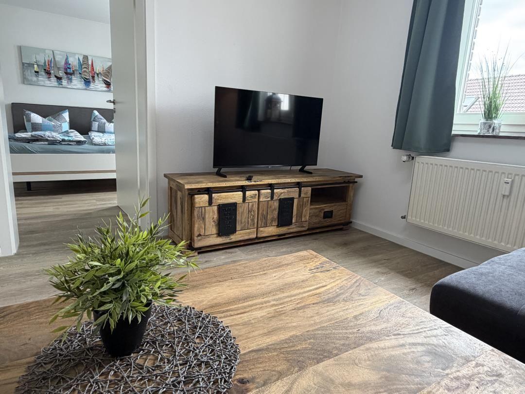 Living room with TV on wooden stand, plant, and view into bedroom.