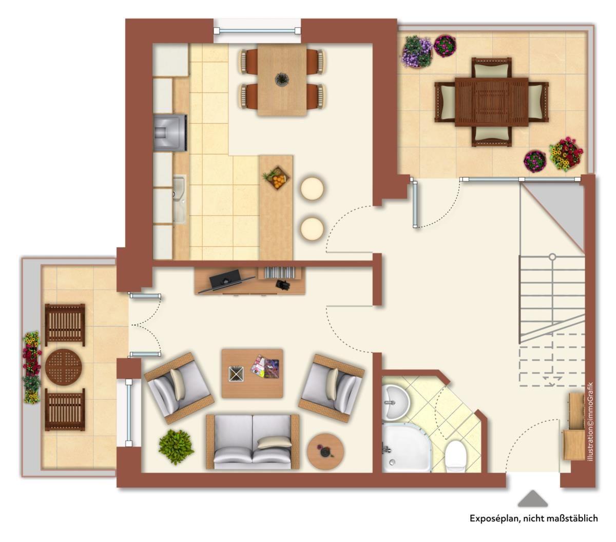 Wohnung mit Küche, Essbereich, Wohnzimmer, Schlafzimmer und Bad. Außenbereich mit Terrasse.