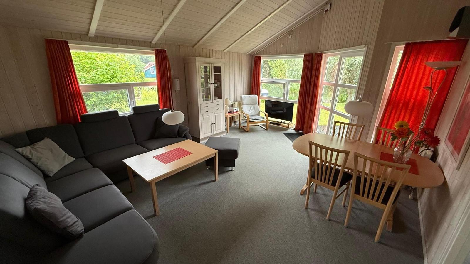 Living and dining area with sofa, table, chairs, and windows with red curtains.
