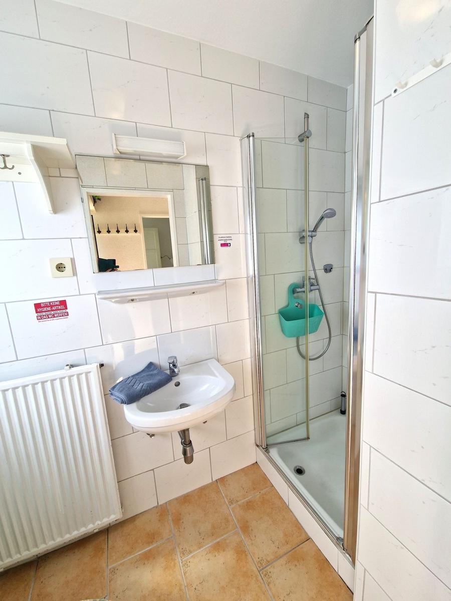 Badezimmer mit Dusche, Waschbecken und Spiegel