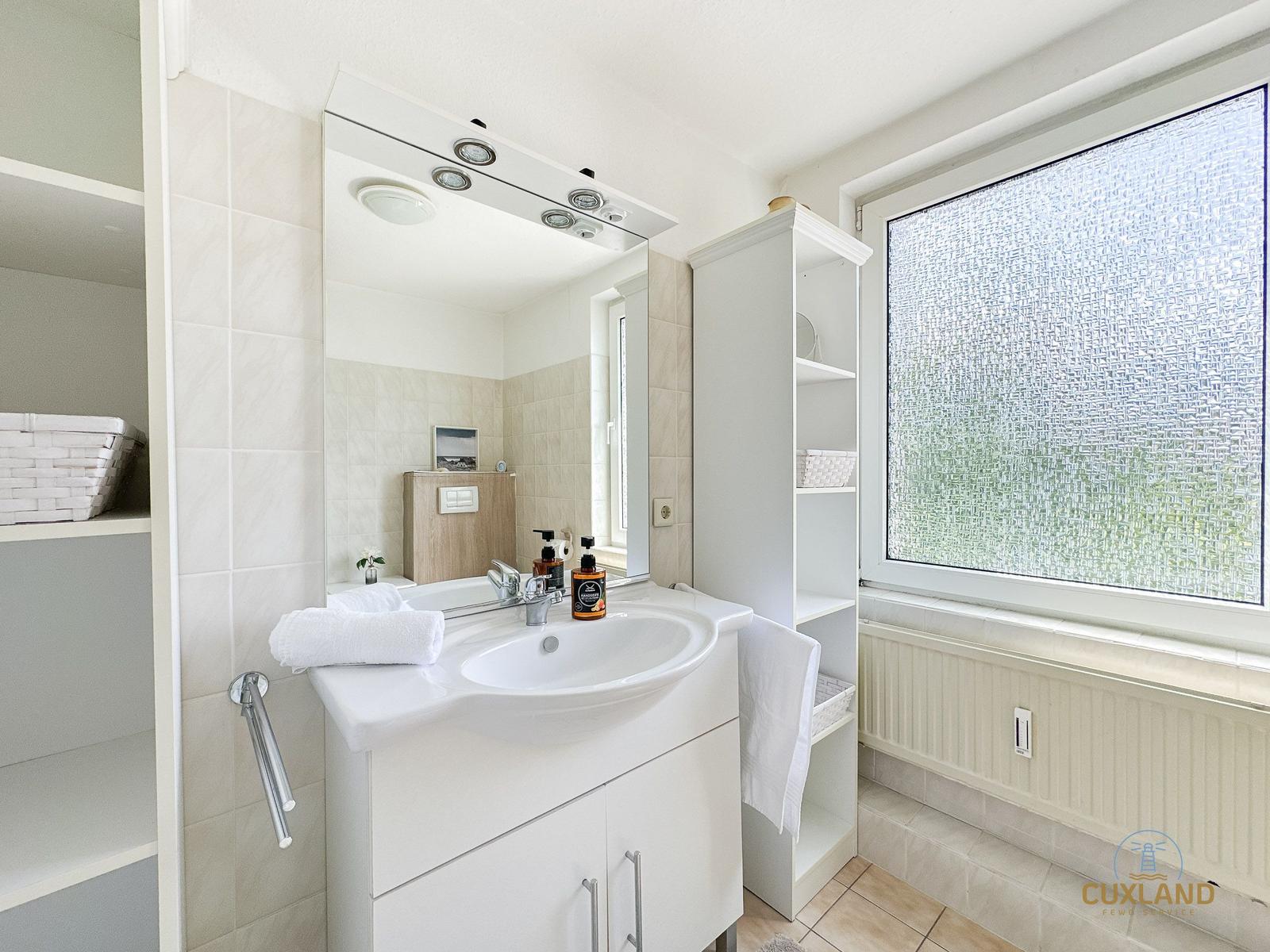 Badezimmer mit Waschbecken, Spiegel und Fenster mit getöntem Glas.