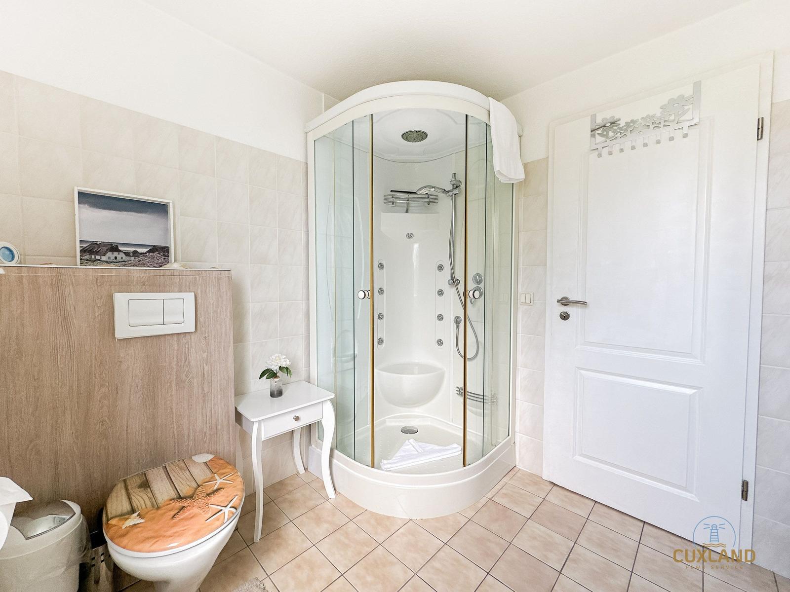 Badezimmer mit Dusche, Toilette und Waschtisch.
