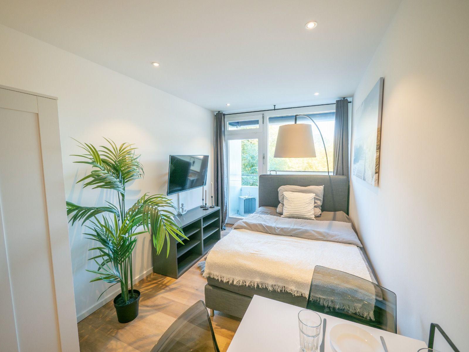 Schlafzimmer mit Bett, TV und Pflanze. Fenster mit Blick auf Balkon.