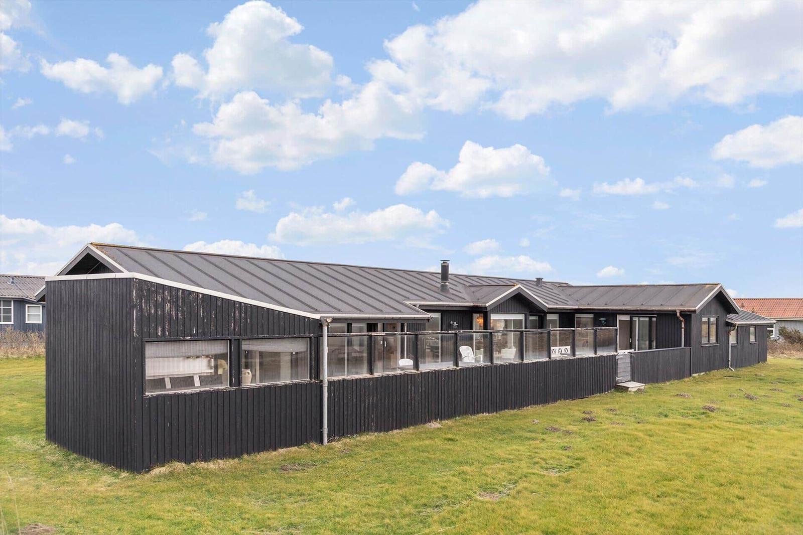 Schwarzes Holzhaus mit Terrasse und Glasgeländer auf grünem Grund.