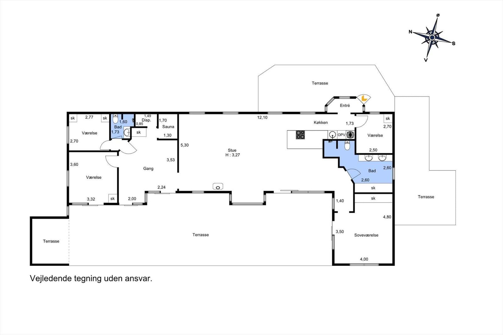 Funktionaler Grundriss mit Küche, Wohnbereich, Schlafzimmer und Terrassen.