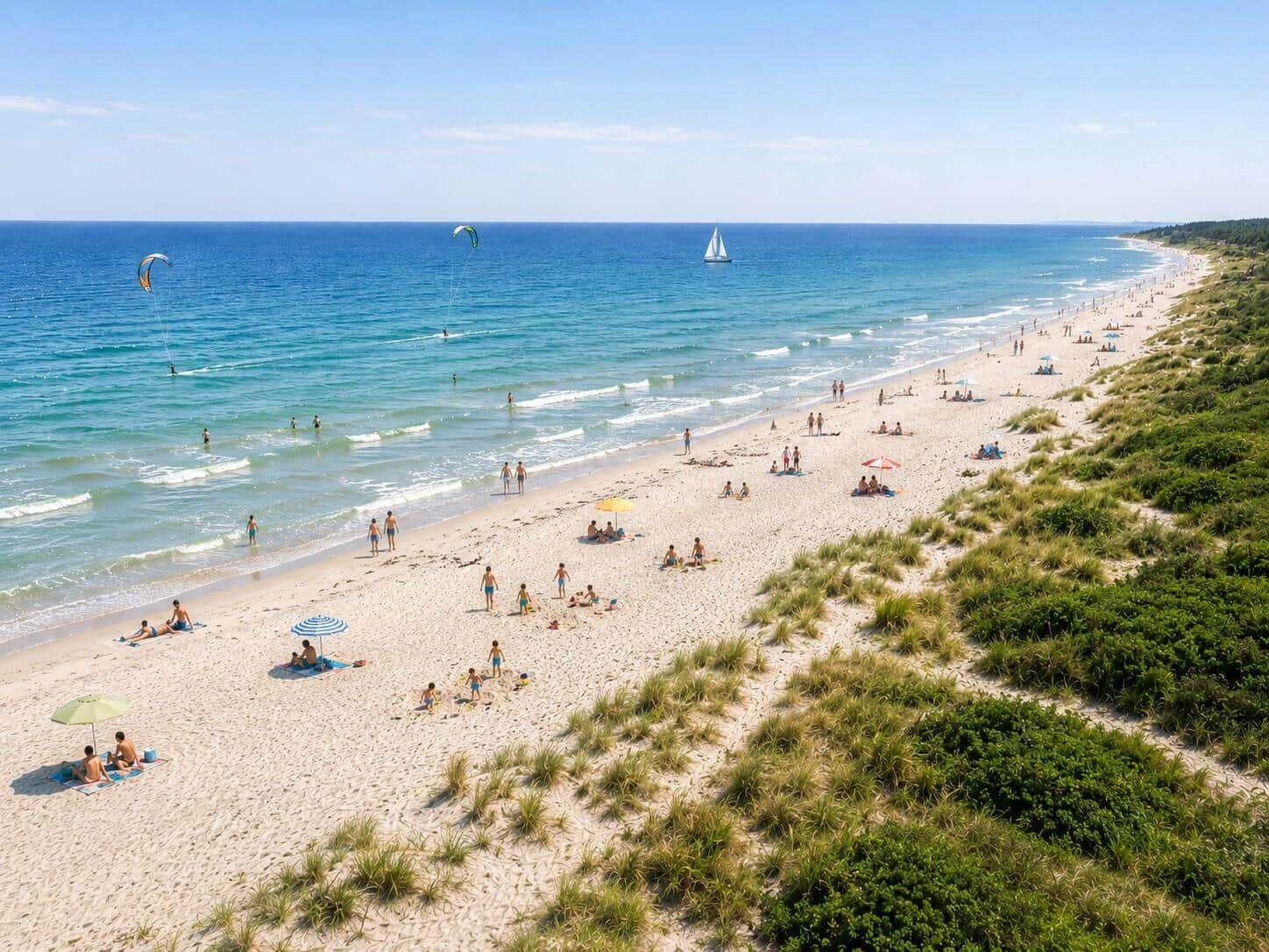 Strand mit Sanddünen, Sonnenschirmen und Surfern im Meer.