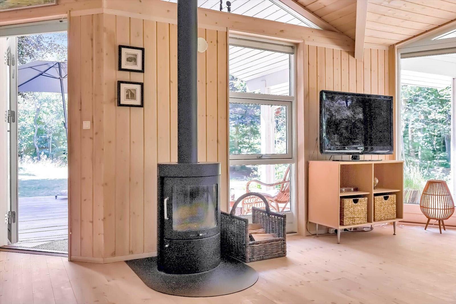 Wohnraum mit Holzwand, Kaminofen, TV und Blick auf Terrasse.