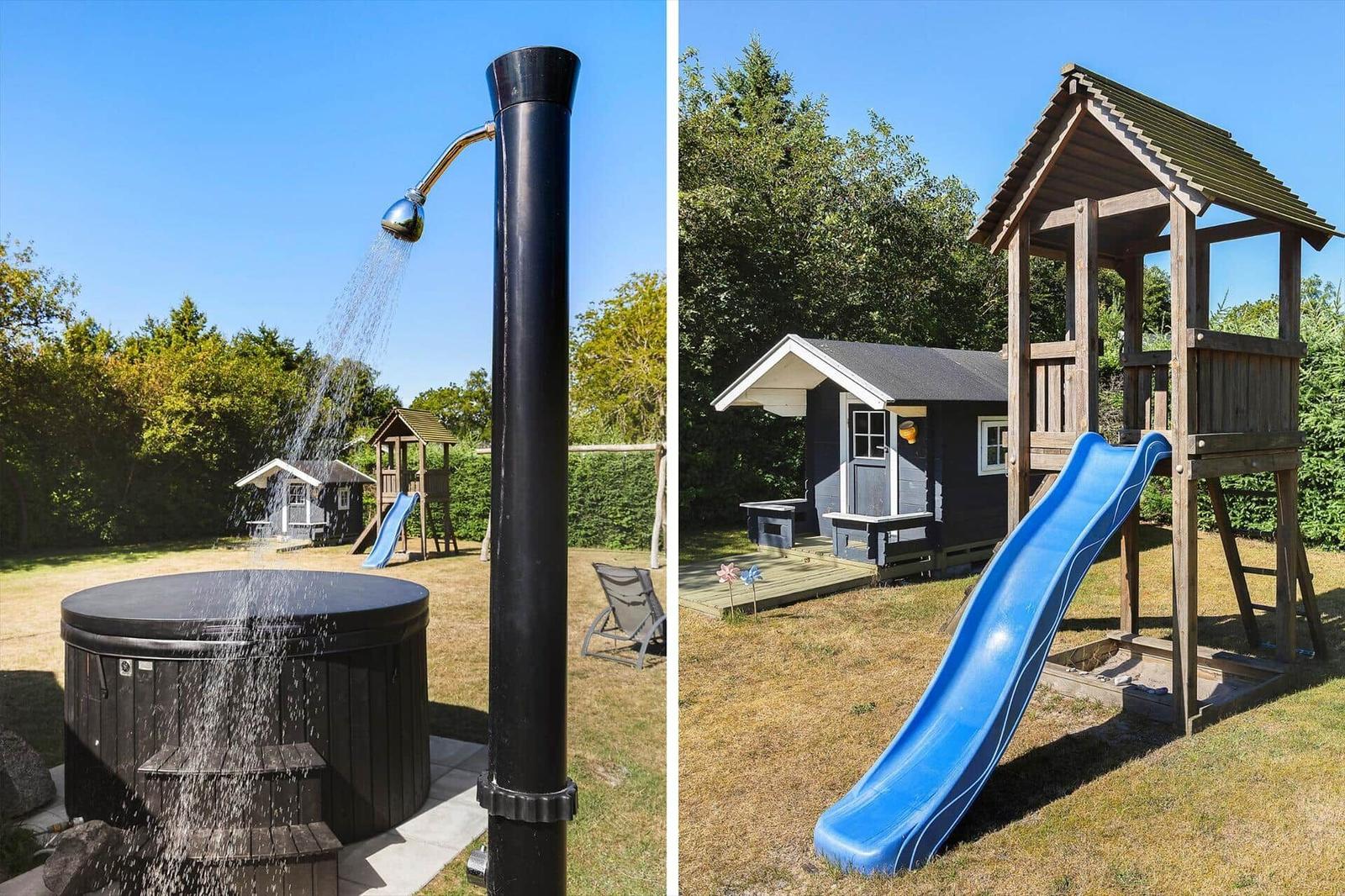 Außenbad mit Dusche und Spielplatz mit Rutsche und Schuppen
