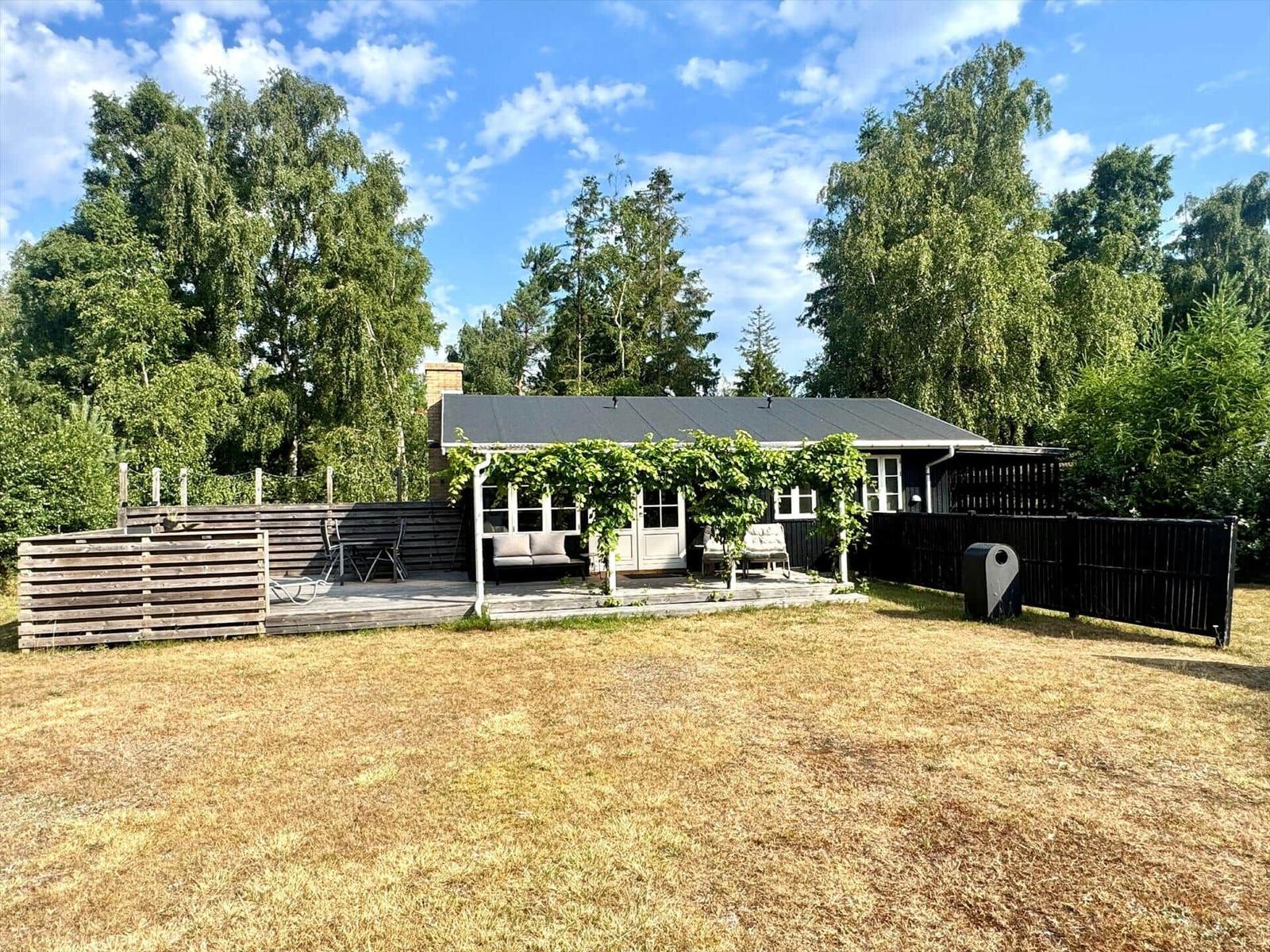 House with terrace, grill and garden. Surrounded by trees under blue sky.