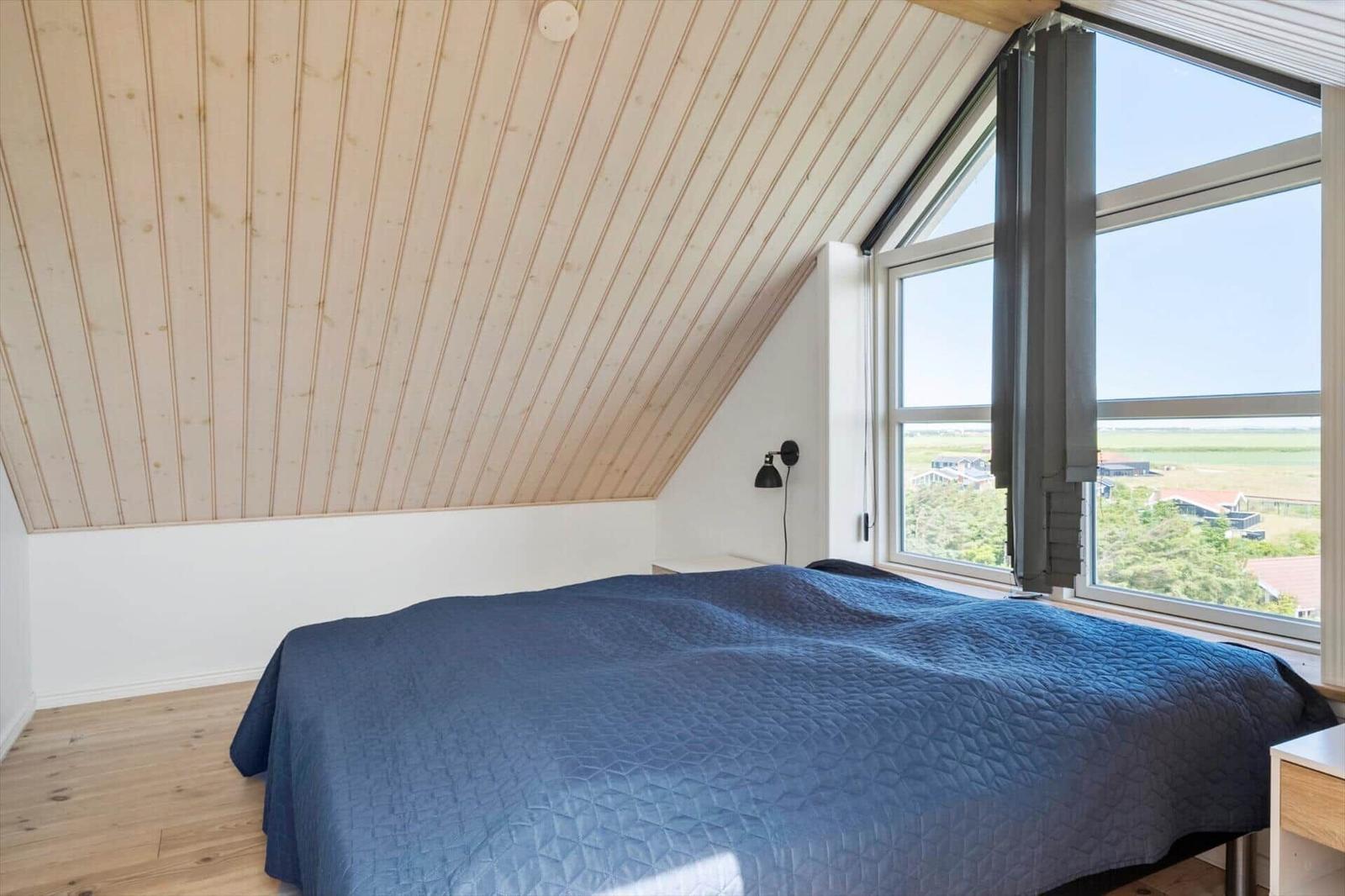 Schlafzimmer mit Dachschräge, großem Fenster und blauer Bettdecke.