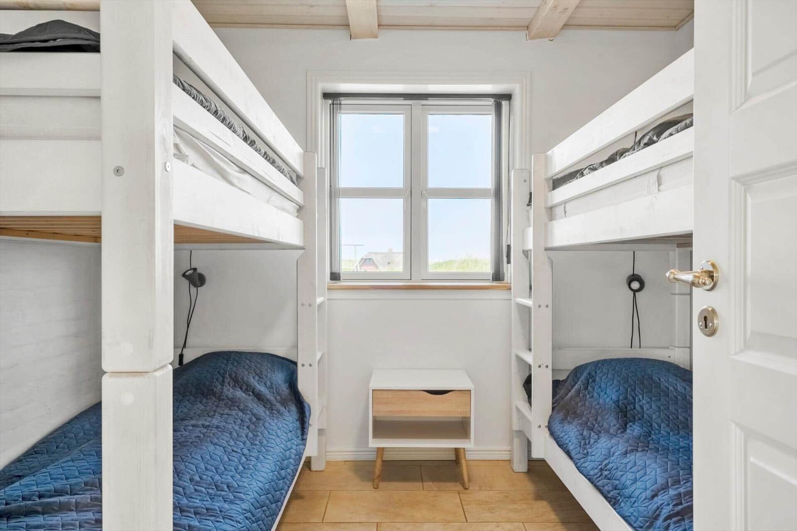 Zwei Schlafgelegenheiten mit Matratzen und blauen Bettdecken. Fenster mit Blick nach draußen.