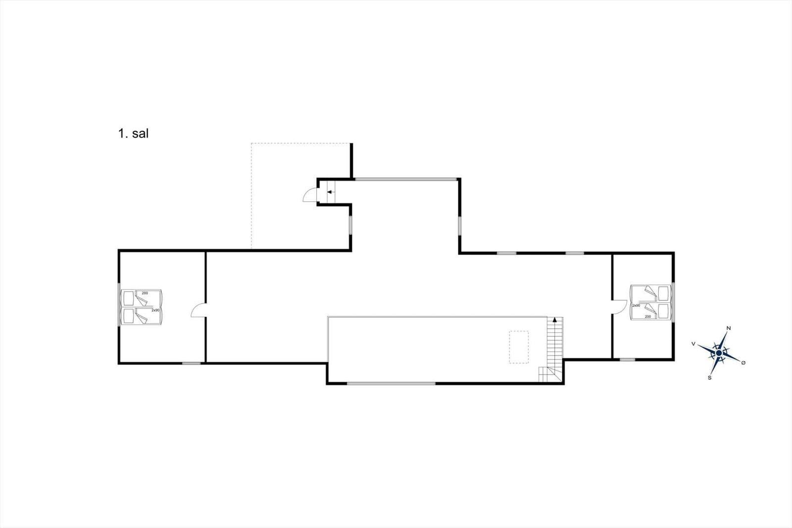 Erster Stock mit zwei Schlafzimmern, Flur und Treppe zur zweiten Etage.