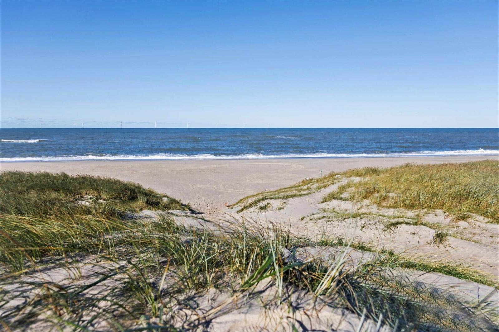 Strand mit Dünen und Windkraftanlagen im Hintergrund.
