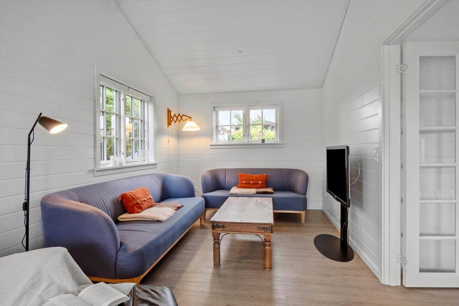 Living room with blue sofas, wooden table, and TV. White walls and two windows.