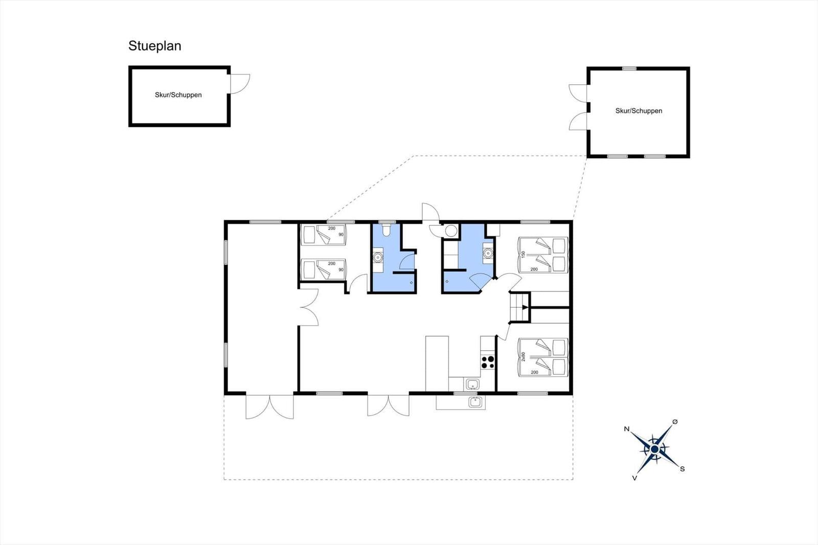 Floor plan with bedrooms, bathroom, and kitchen. Two sheds shown.
