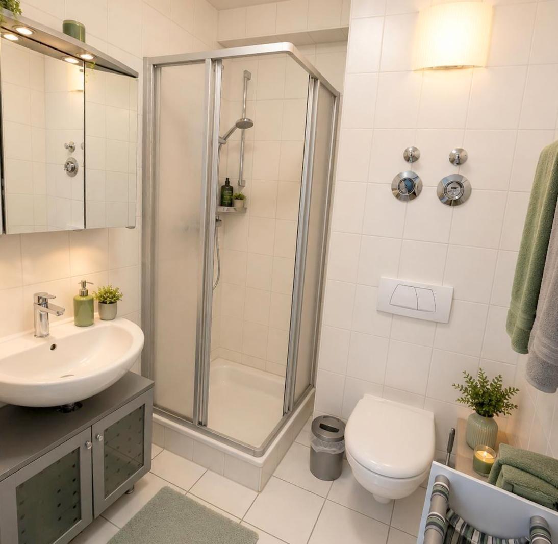 Bathroom with shower, sink, and toilet. White tiles and green towels.